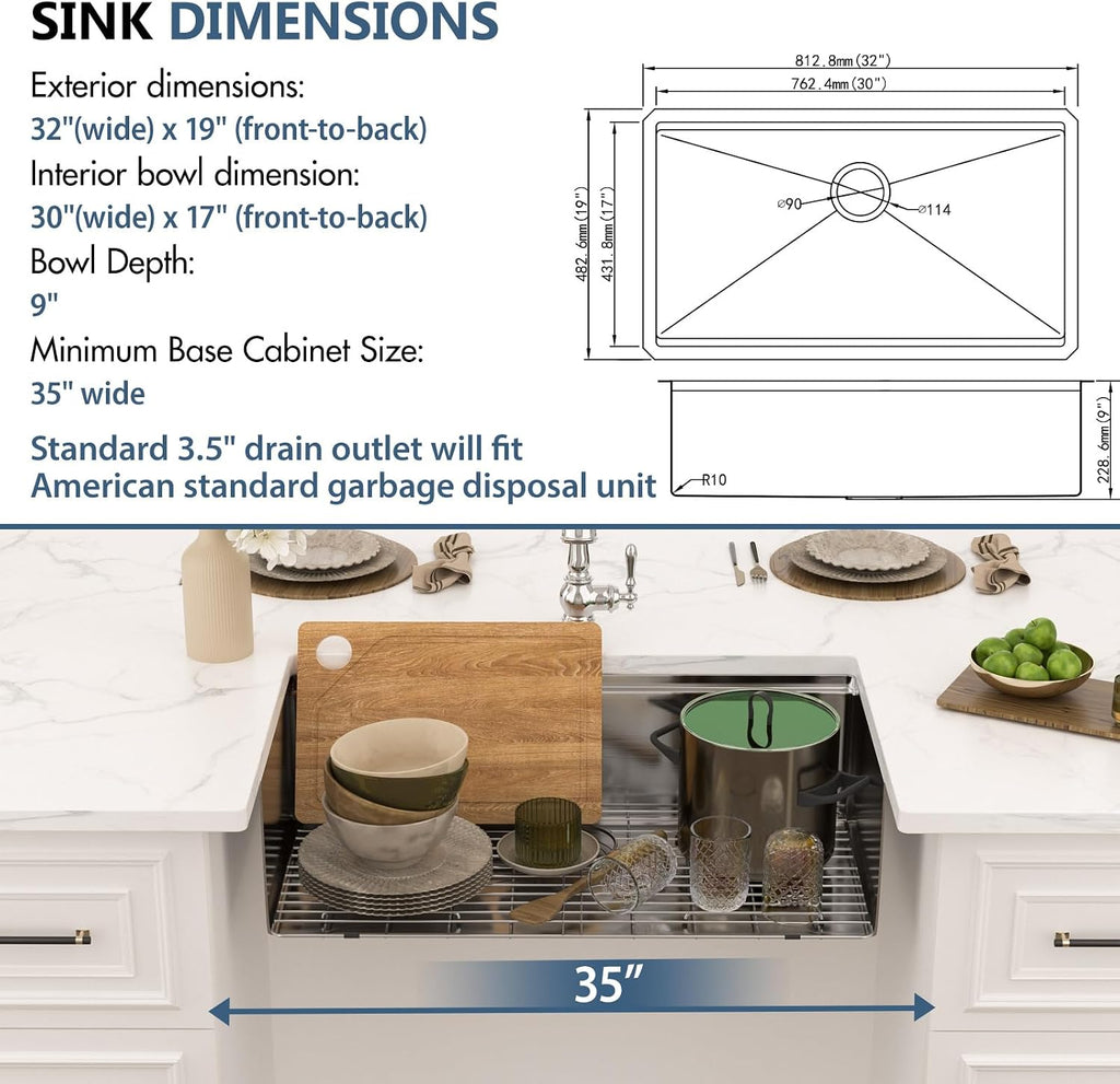 32 Inch Undermount Kitchen Sink - 32x19 Undermount Workstation Sink, 16 Gauge Stainless Steel Deep Single Bowl