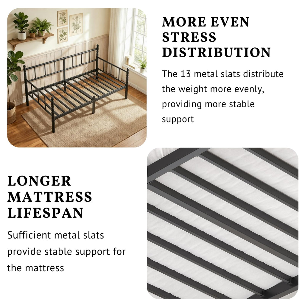 12 Inch Twin Metal Daybed Frame with Minimalist Modern Headboard