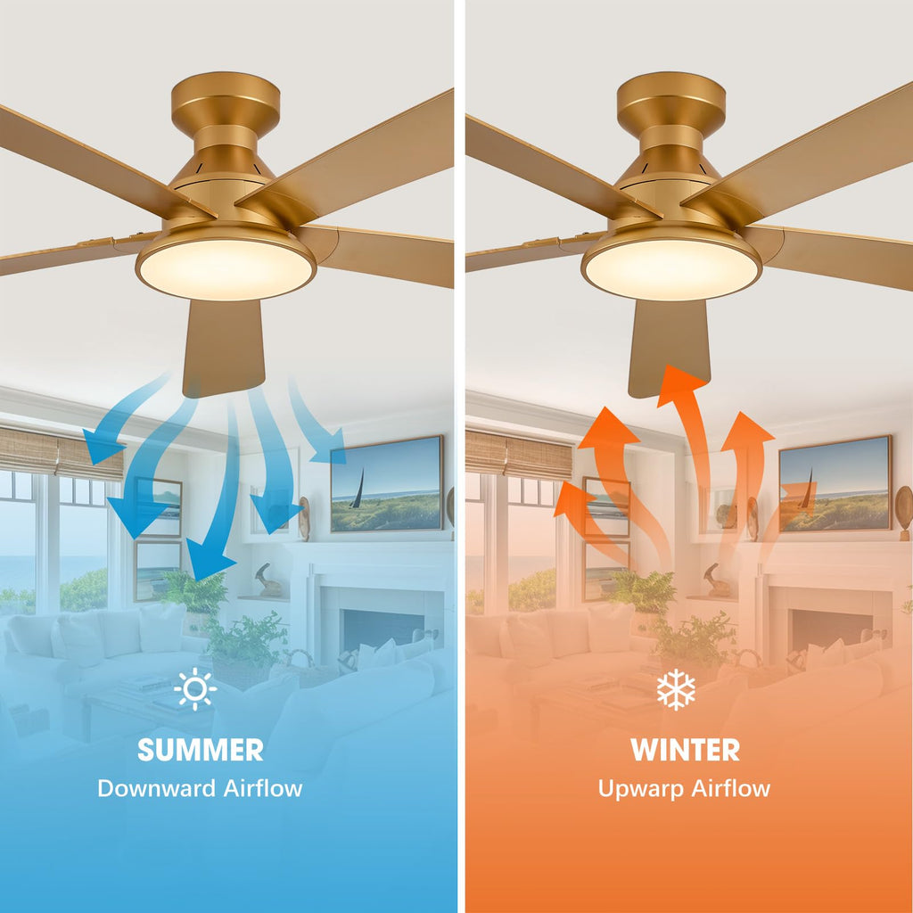 52" Low Profile Ceiling Fans with Lights Flush Mount, Luxury Gold