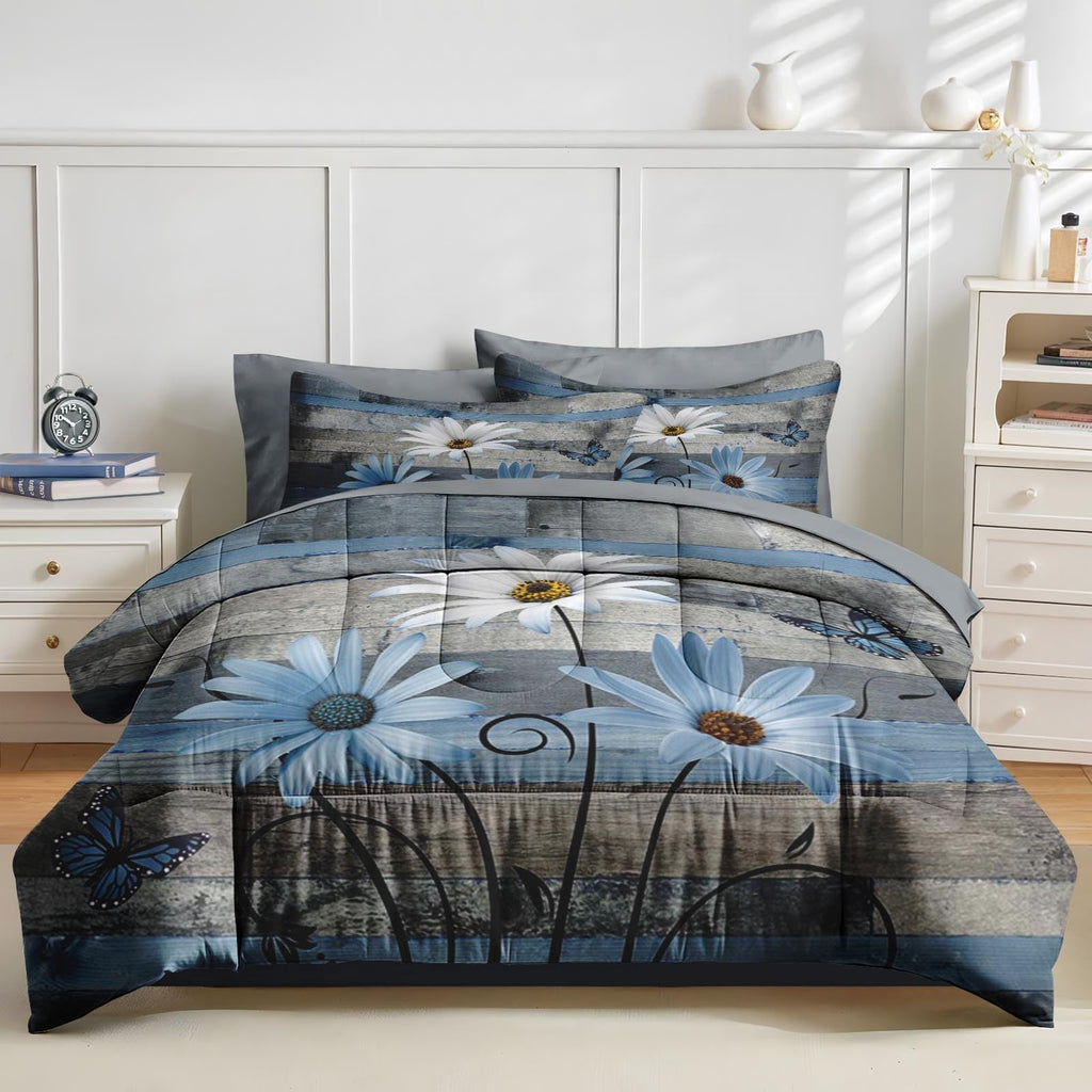 Comforter Set with Sheets, 7 Pieces Farmhouse Daisy Bedding