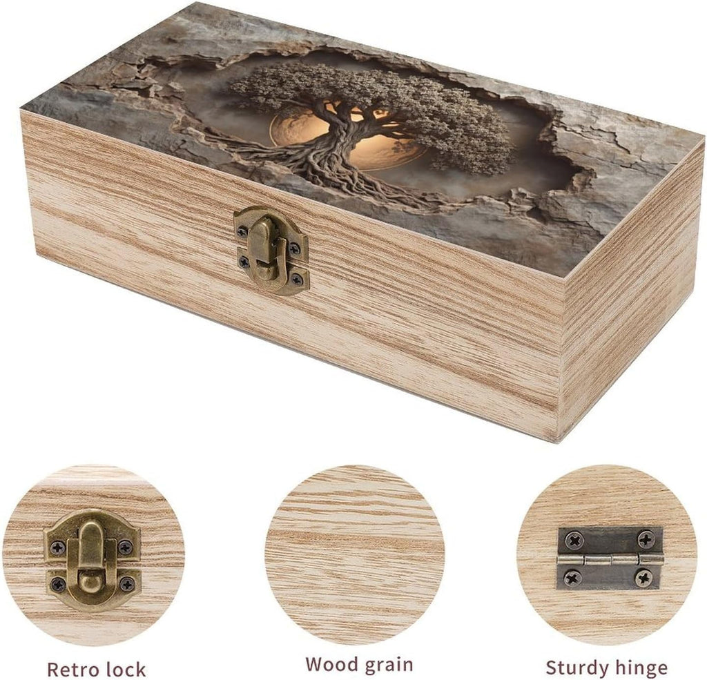 Tree of Life Rustic Wooden Jewelry Box with Hinged Lid - Vintage Natural Wood Keepsake Trinket Storage Organizer Gift