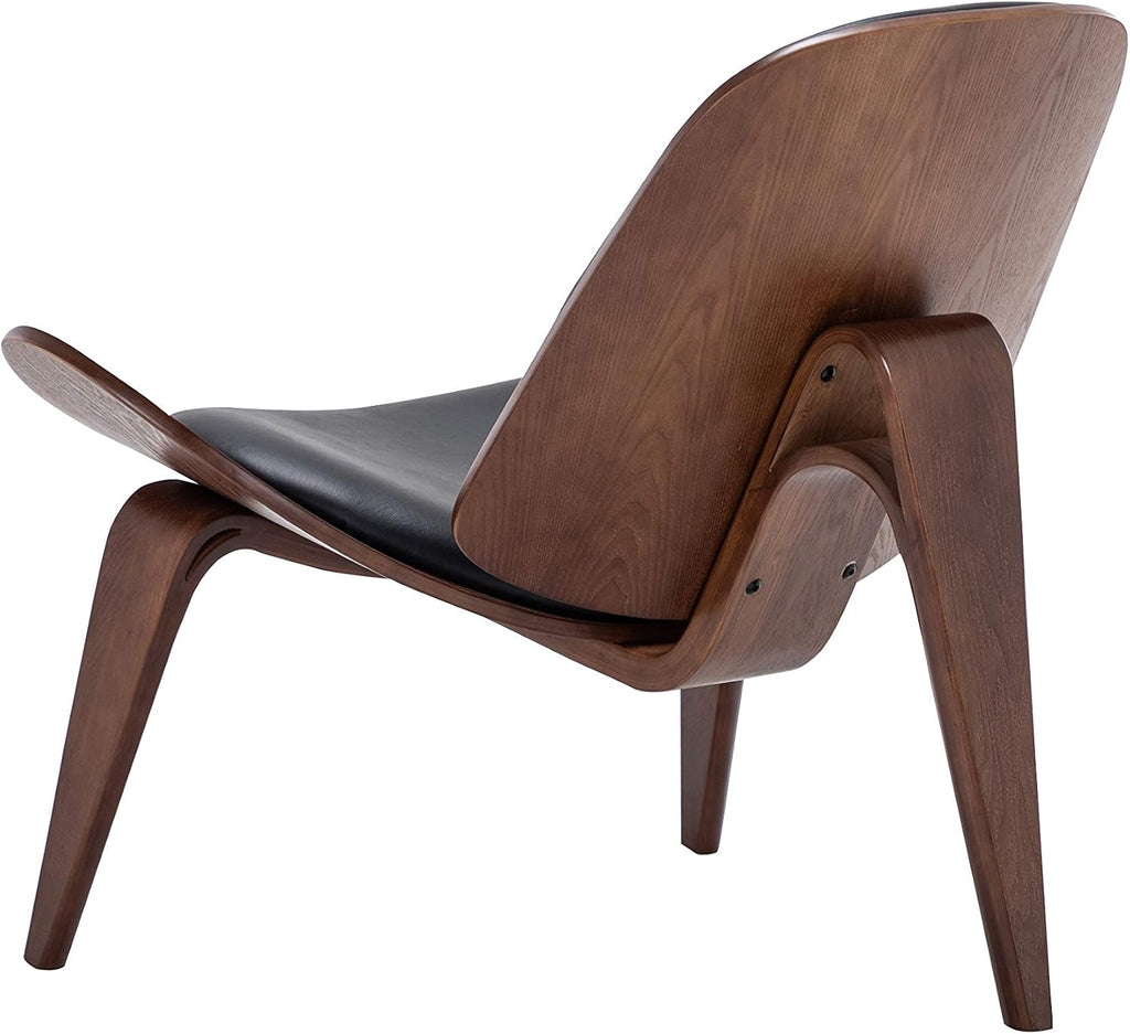 Mid Century Modern Tripod Plywood Lounge Chair Walnut Bentwood Upholstered Faux Leather, Black