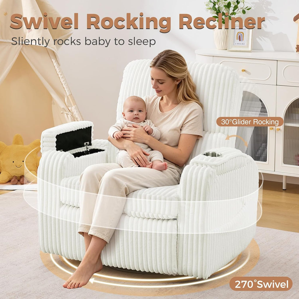 Power Nursery Recliner,26''Swivel Rocker Recliner,Adjustable Headrest,White | Extra Wide Recliner , Oversized