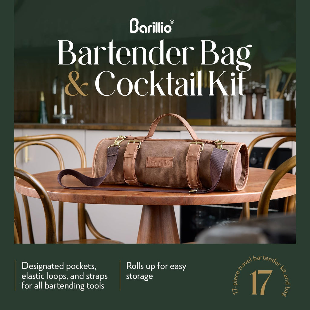 Bartender Kit Bag with Cocktail Shaker Set - Waxed Canvas, Traveling Bar Tools Bag with 17-Pc Cocktail Kit - Travel