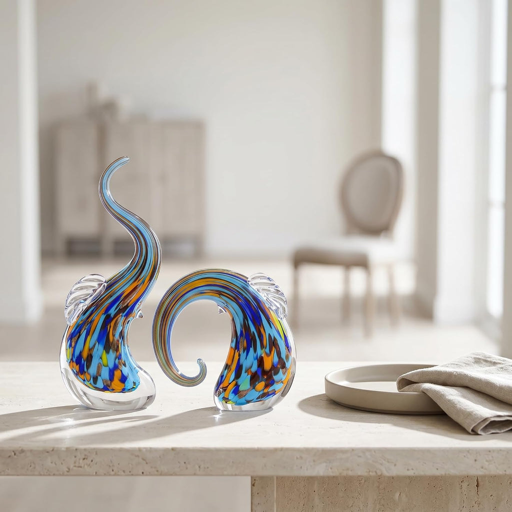 Hand Blown Elephant Statues Set - Luxury Sculptures Home Decor Art Glass Ornament Animal Collectible (Green) - Set of 2