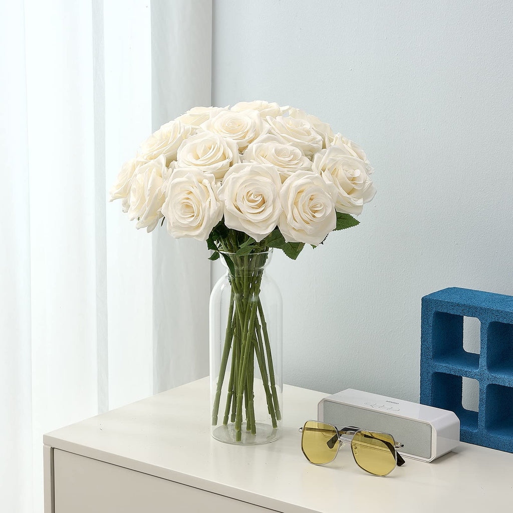 15pcs Ivory Roses Artificial Flowers Silk Fake Flowers Realistic White Roses Bouquet Long Stem for Wedding Home Party