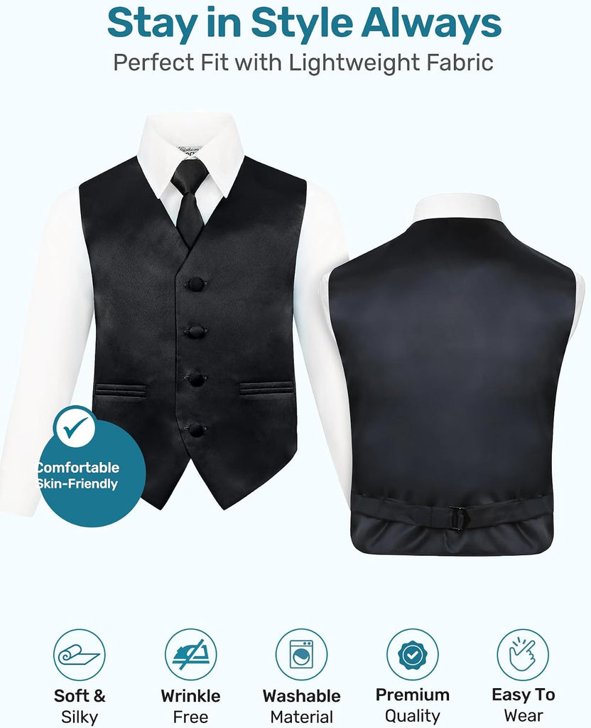 Boys 4 Piece Vest Set with Pre-Tied Bow Tie, Necktie & Pocket Square
