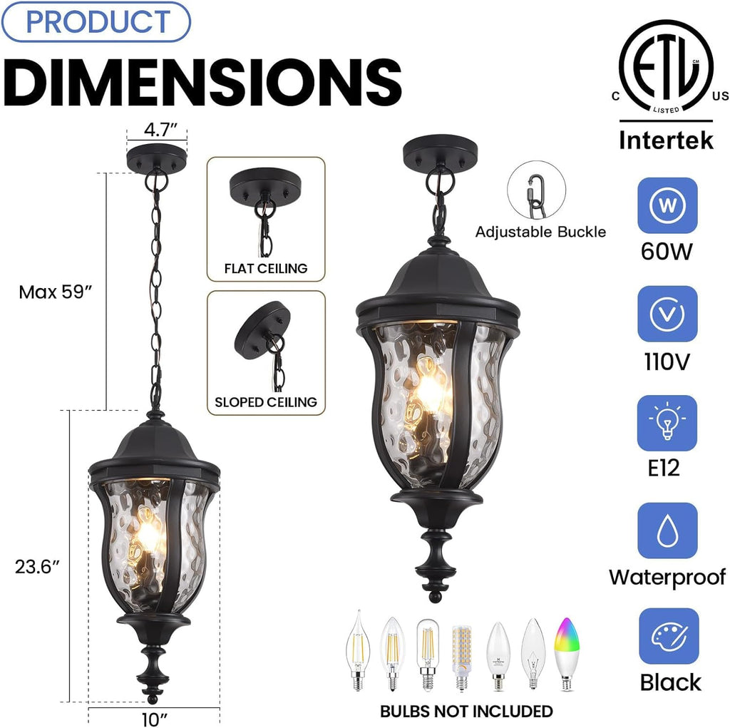 Large Outdoor Pendant Light Fixtures, 23.6'' Exterior Hanging Lantern Porch Light Adjustable