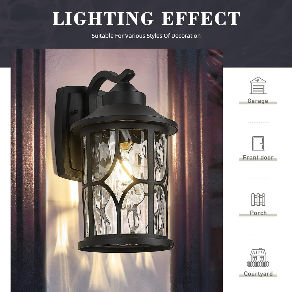 14.6 Inch Outdoor Porch Light, Farmhouse 1-Light Outdoor Wall Sconce, Die-Cast Aluminum in Black Finish, Clear Water