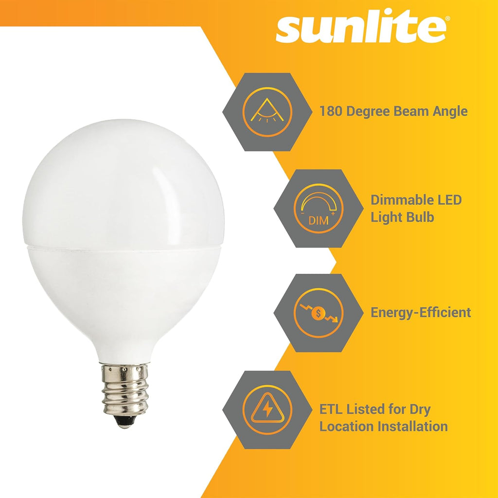 G16.5 Light Bulb LED, 7 Watts (60W Equiv.), 500 Lumens, Dimmable, Type G Globe Shape E12 Candelabra Base, Short