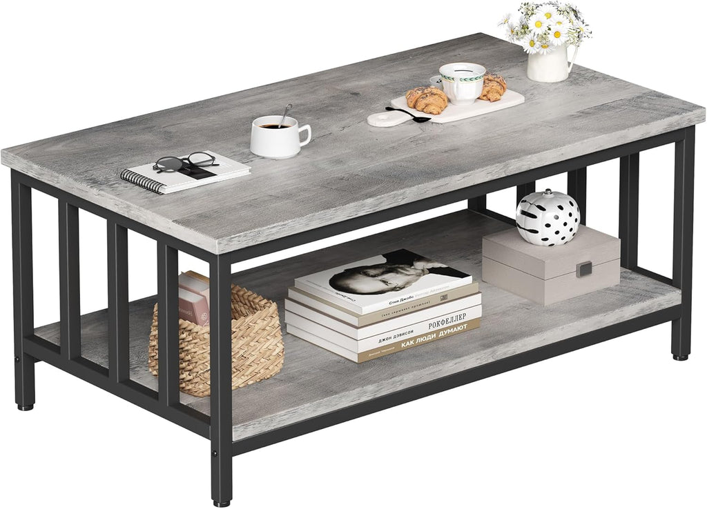 Coffee Table with Slatted Sides Frame, Modern Farmhouse Living Room Table with 2-Tier Storage Shelf, 39 ...