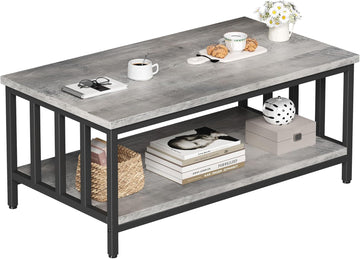 Coffee Table with Slatted Sides Frame, Modern Farmhouse Living Room Table with 2-Tier Storage Shelf, 39 ...