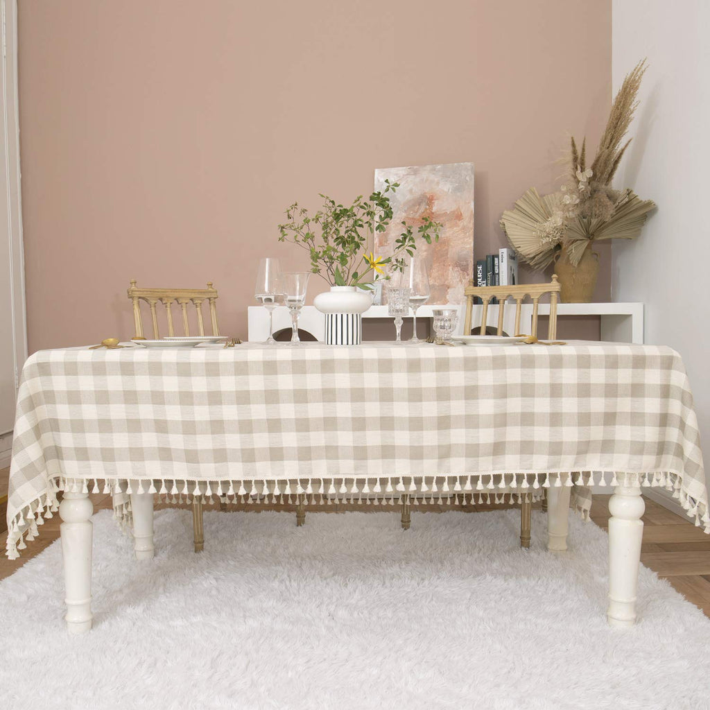 Farmhouse Gray Khaki Gingham Tablecloth Rectangle 55"x70"