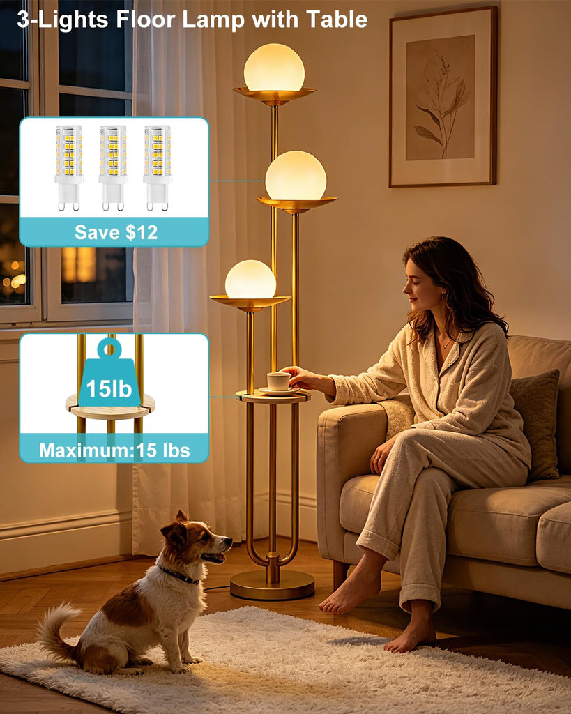 3-Globe Floor Lamp with Table Modern Gold Dimmable Floor Lamps