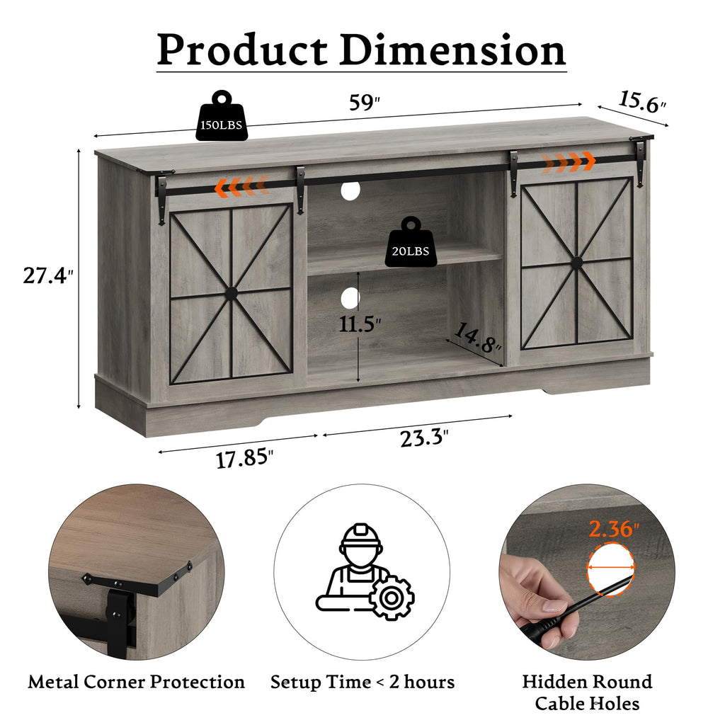 Farmhouse TV Stand for 65 Inch TV with Sliding Barn Doors Wood Gray
