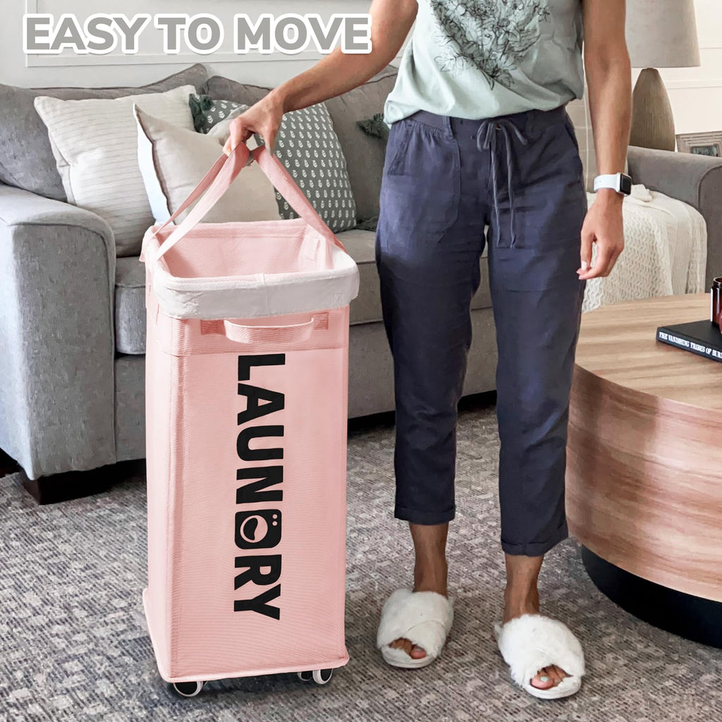 75L Rolling Laundry Basket with Wheels Removable Wash Bag, Pink