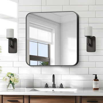 Square Bathroom Mirror, 24"x24" Black Rectangle Vanity Mirror, Black Metal Frame Mirror with Rounded Corner