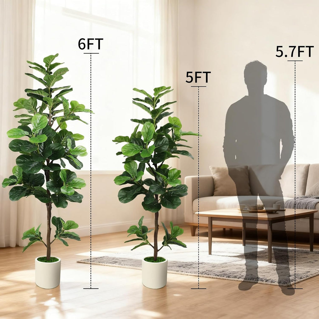 6FT Artificial Fiddle Leaf Fig Tree with White Planter & Fake Moss, Realistic Faux Ficus Lyrata Floor Plant Home