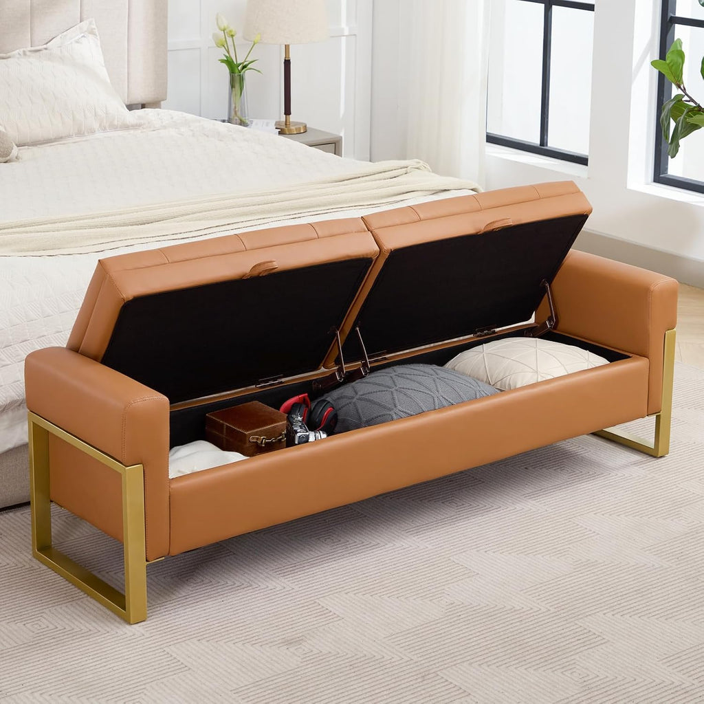 67" Storage Bench End of Bed King Size, Light Brown | Double Lids, Upholstered Faux Leather Storage Bench with Golden