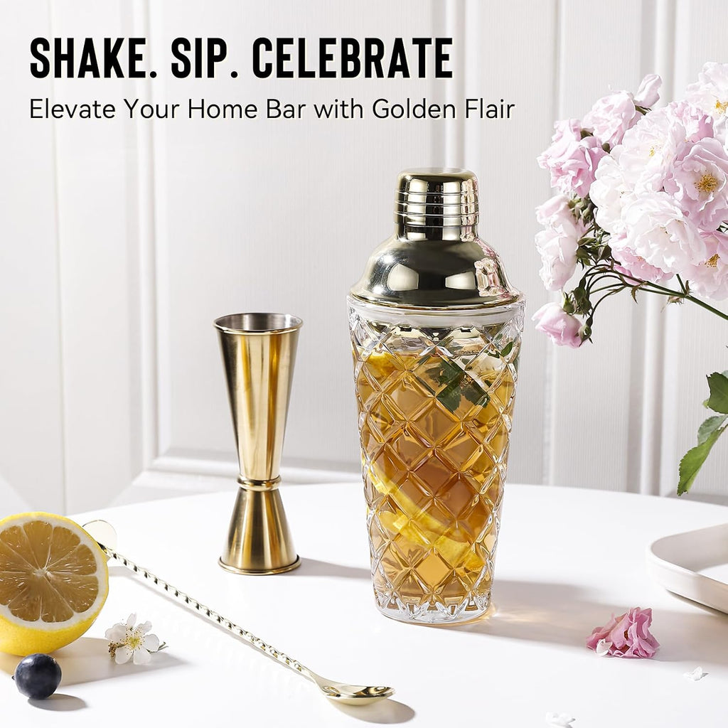 Glass Cocktail Shaker Set with Built-in Strainer - 16oz Thickened Pineapple Glass Gold Shaker Set, Gold Jigger & Bar - Set of 3