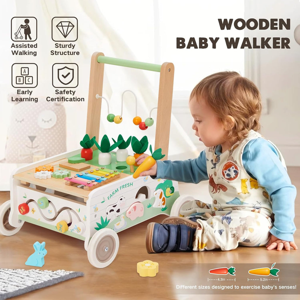 Wooden Baby Walker, Baby Push Walker with Wheels, Adjustable Speed