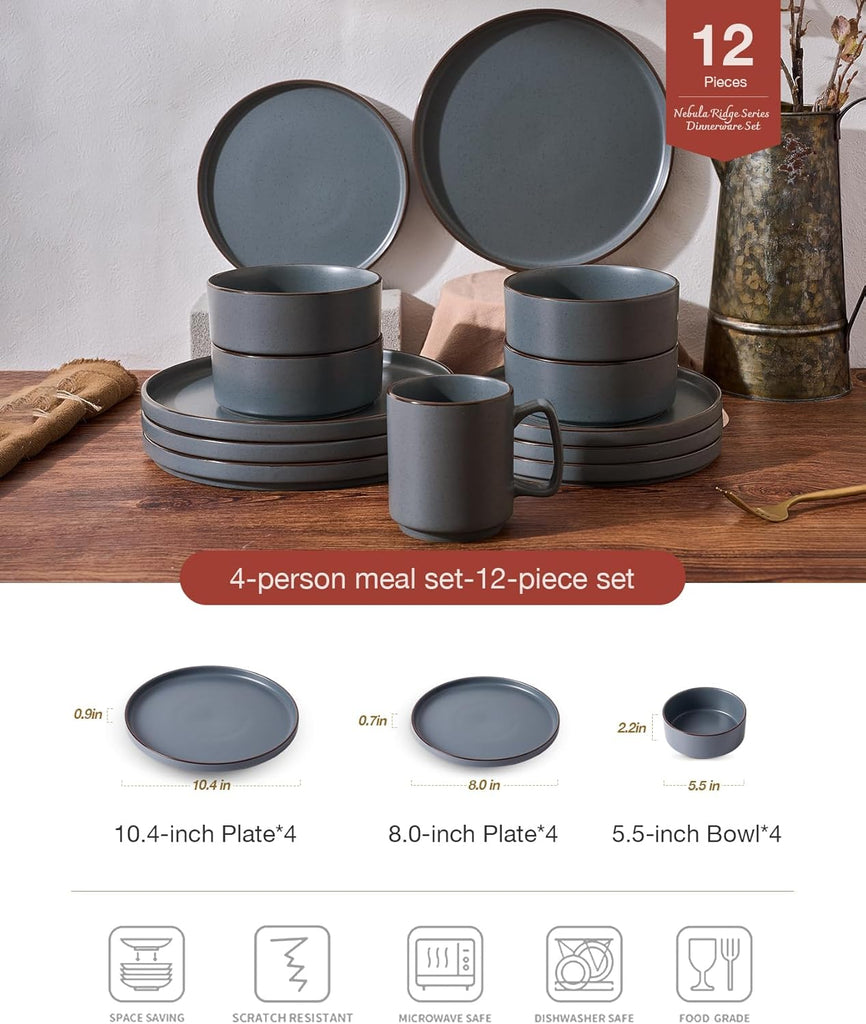 Nebula Ridge Stoneware Dinnerware Sets, Plates and Bowls Sets for 4, 12 Pieces Dishes Set