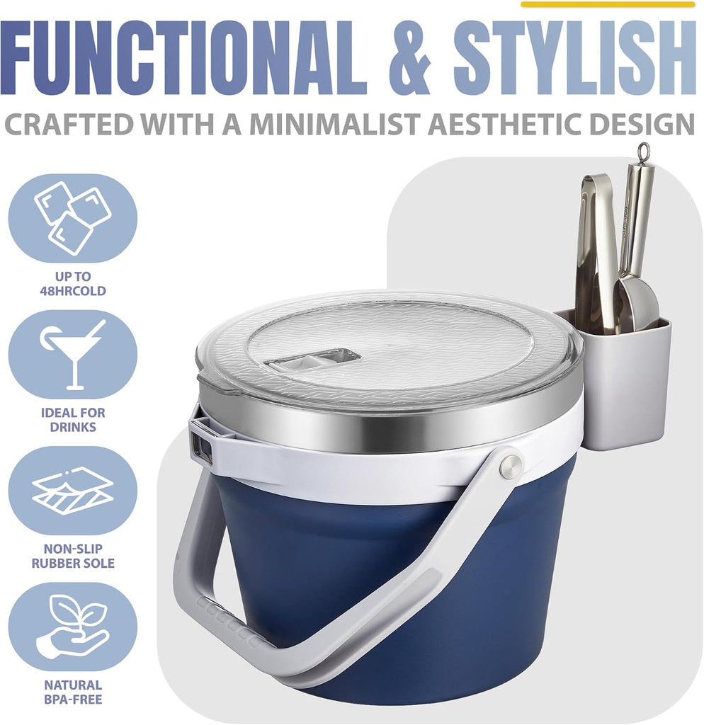 7L Vacuum Insulated Ice Bucket with Lid and Scoop& Tongs,Large capacity Stainless Steel Beverage Bucket for Cocktail