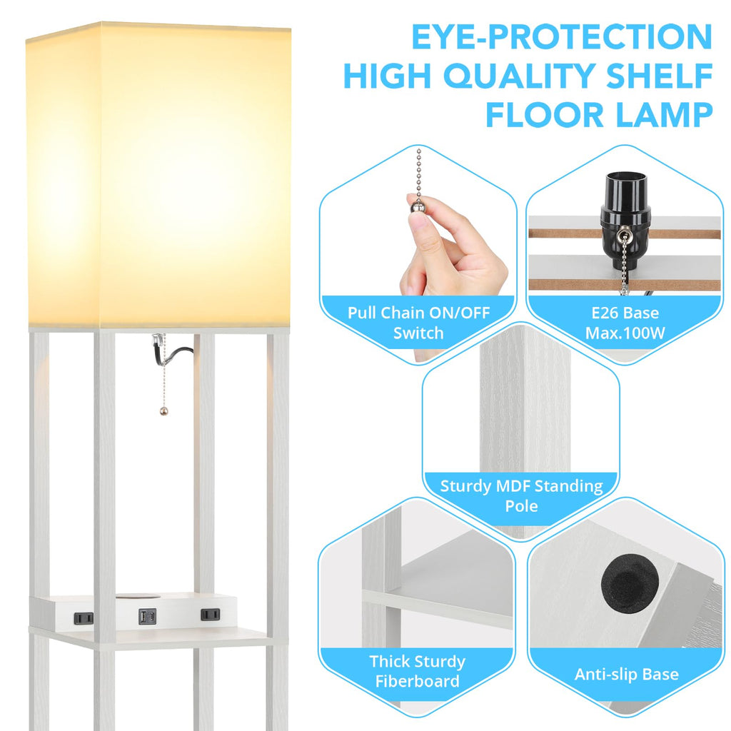 Shelf Floor Lamp with Wireless Charger, USB, Type C, AC Port, Grey