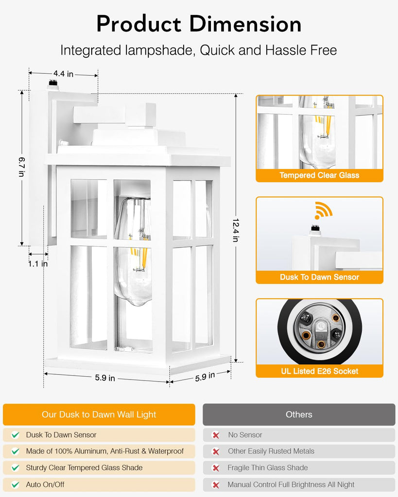 White Outdoor Wall Lights, Dusk to Dawn Exterior Lighting Fixtures, Waterproof Outside Lights, Garage, Garden