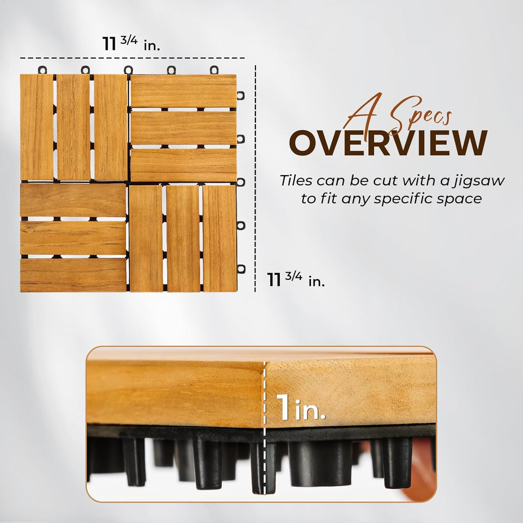 Set of 10 Premium Teak Deck Tiles, Snap-Lock Teak Shower Tile with Stable Mesh Base, 12 Slats