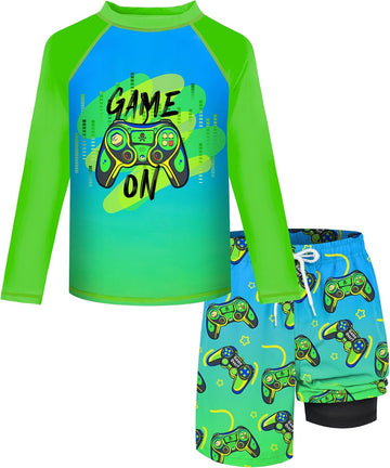Boys Rash Guard Swim Set with Swim Trunks Bathing Suit Long Sleeve Swim Shirt Quick Dry Swimsuit Kids Swimwear Size