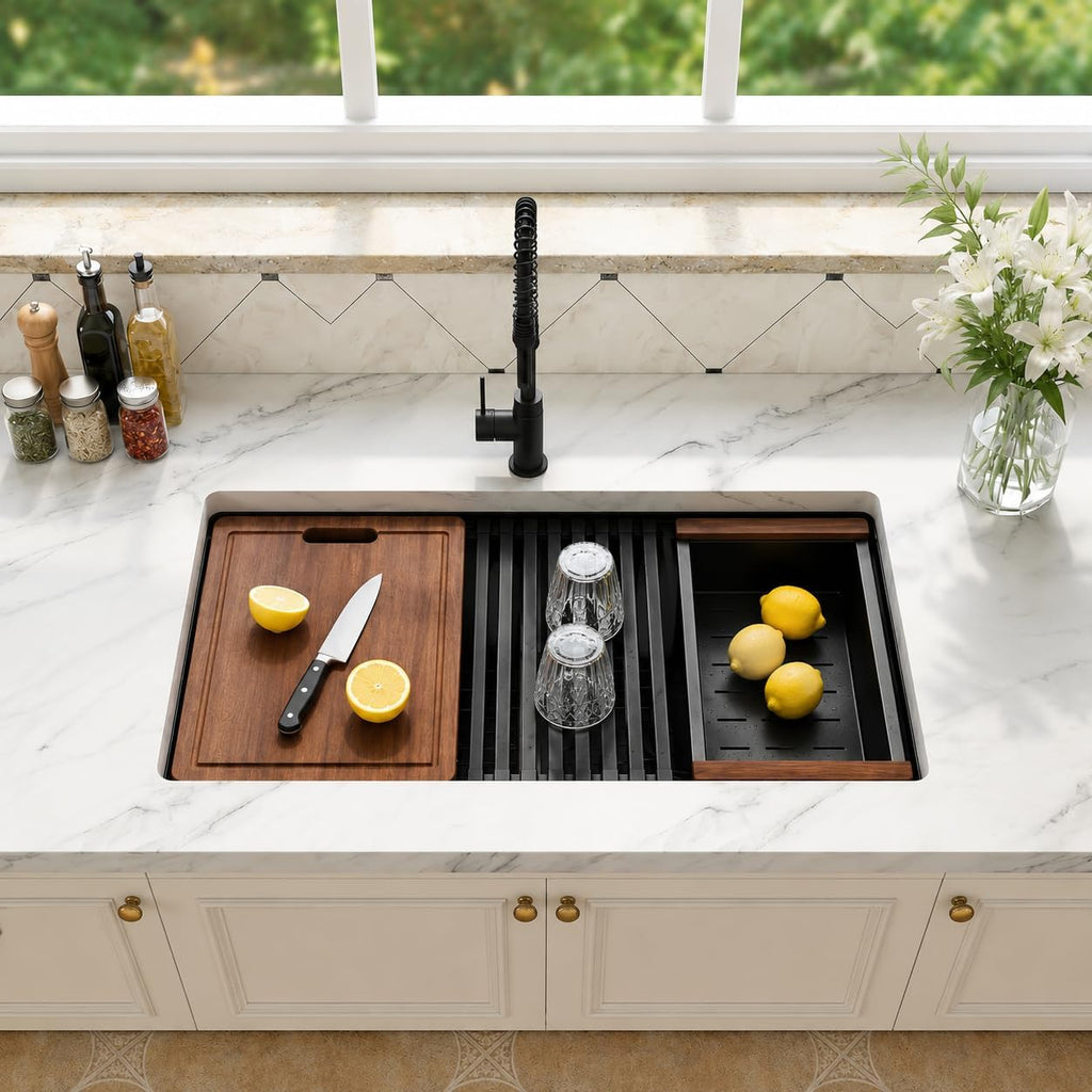 Black Undermount Kitchen Sink, 32 Inch Double Bowl Sink | Black Stainless Steel Kitchen Sink, 32" x 18" T304 16 Gauge