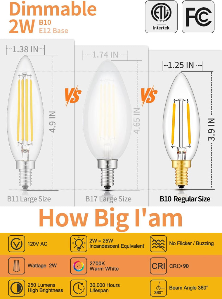 2W E12 Dimmable LED Candelabra Bulb B10 2700K Warm White, 6 Pack