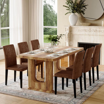 64.5" Dining Room Table Set for 6, Modern Farmhouse Wood Dining Table Set with Decorative Pedestal Legs & 6 Suede