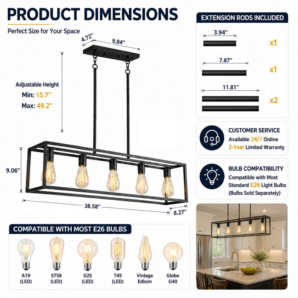 Black Farmhouse Kitchen Island Lighting, Modern Industrial Chandelier, 5-Light Linear Rectangular Pendant Light
