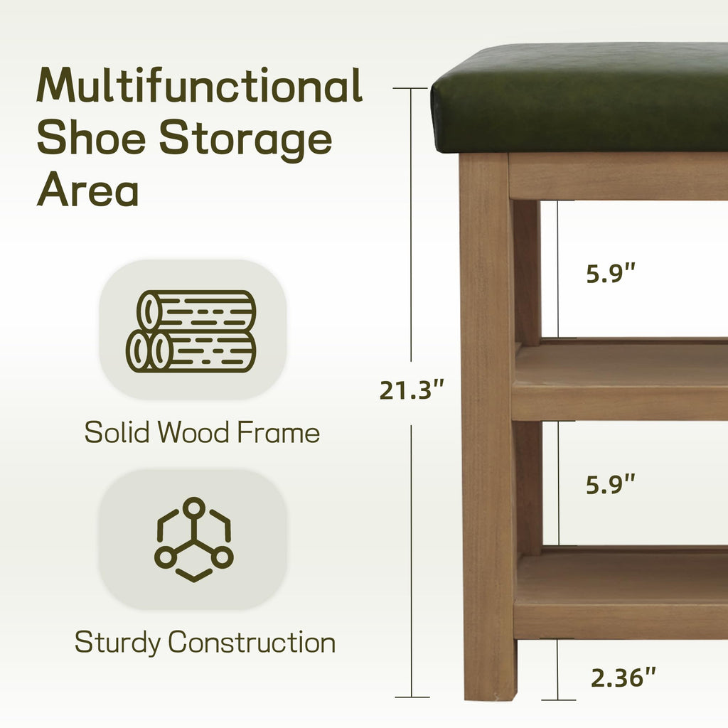 Shoe Rack Bench with Leather Cushion, 2 Tier Solid Wood Storage Bench, Mid-Century Modern Shoe Bench, Closet, Front
