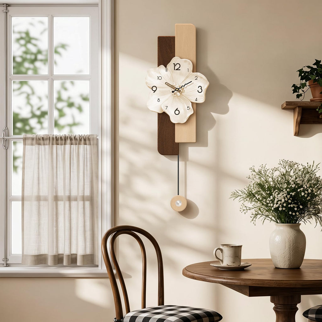 Flower Wall Clocks Battery Operated Decorative with Pendulum 9*24in, Beige