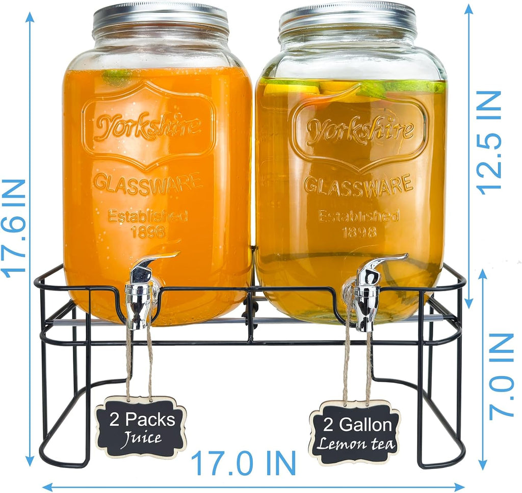 2 Gallon Larger Glass Drink Dispenser for Parties, 2 Packs Juice Lemonade Ice Tea Water Dispenser with Stand