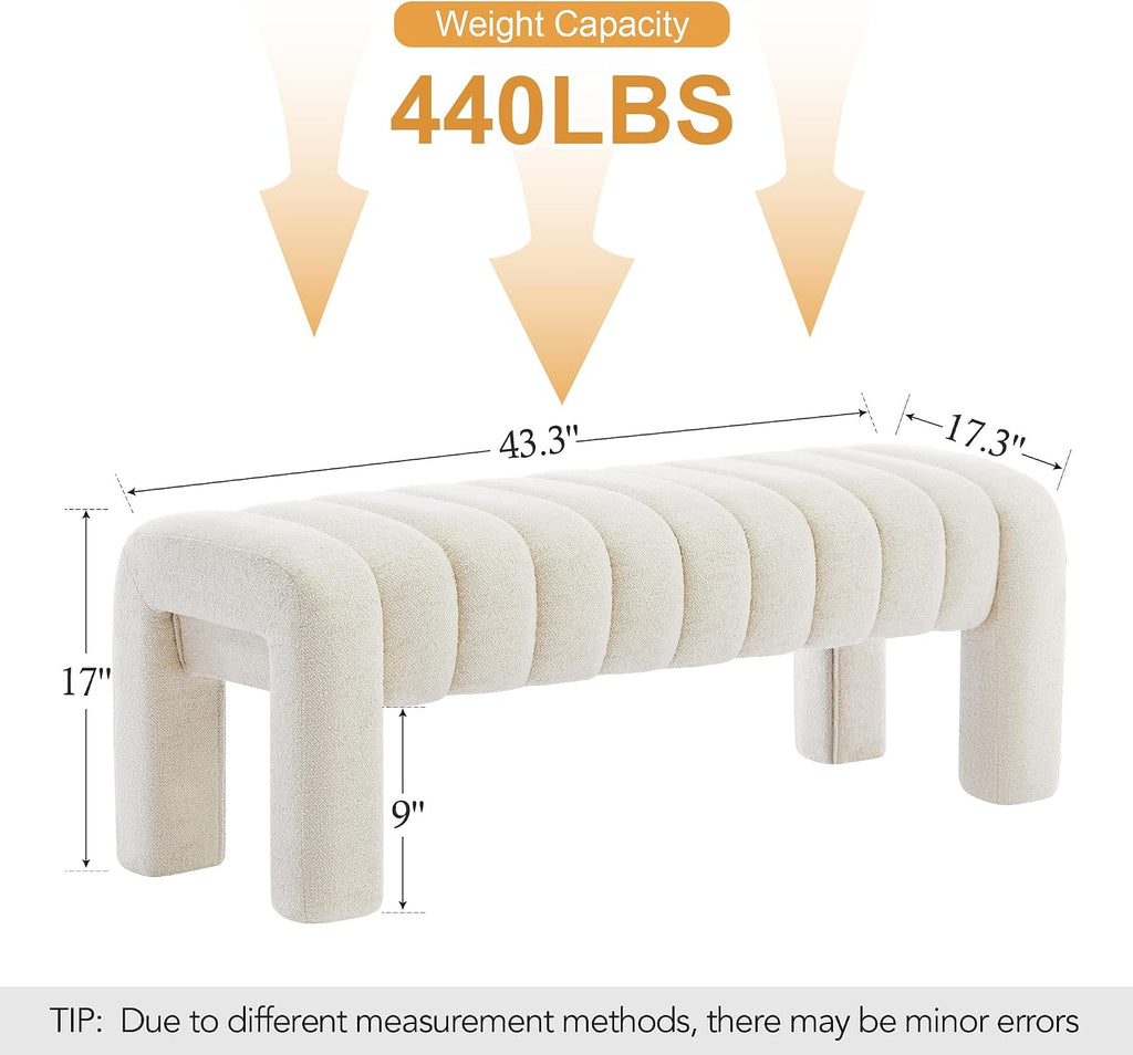 43" End of Bed Bench, Linen Beige | Channel Tufted Upholstered, Entryway Bench, Modern Window Seat, Minimalist
