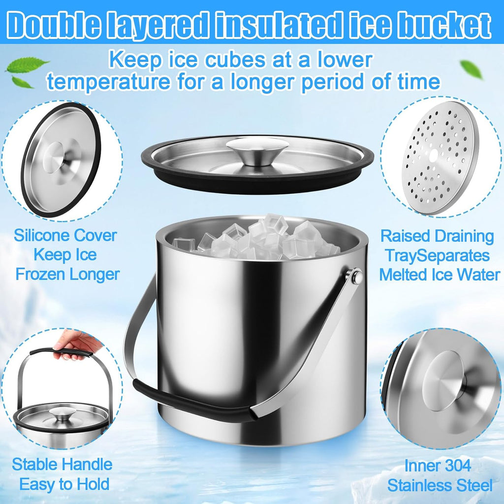 4 L Double Wall Insulated Ice Bucket with Lid, Scoop, Strainer, Handle Large Stainless Steel Wine Ice Bucket Upgraded