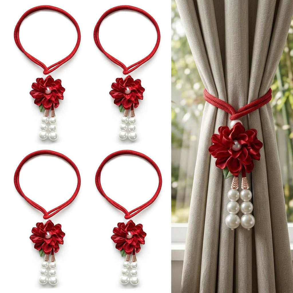 Adjustable Curtain Tiebacks, 4-Pack Hand-Woven Rope with Silk Flower & Pearl, Decorative Window Cord Holders