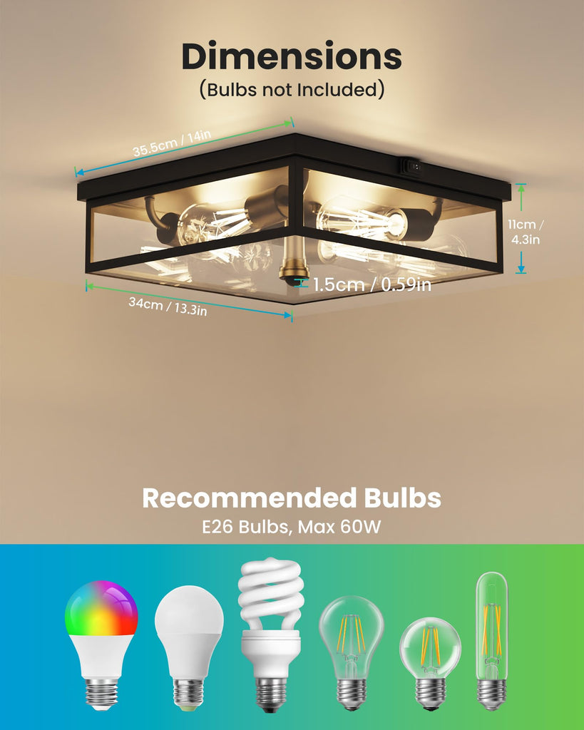 Caftersmark Outdoor Ceiling Light with Motion Sensor 14in, Flush Mount Porch Ceiling Light, lear Glass with Dusk to