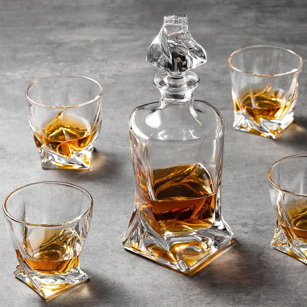 Whiskey Gifts for Men, Whiskey Decanter Set with 4 Glasses in Gift Box by | Elegant Twisted Design with Glass Stopper - Set of 5