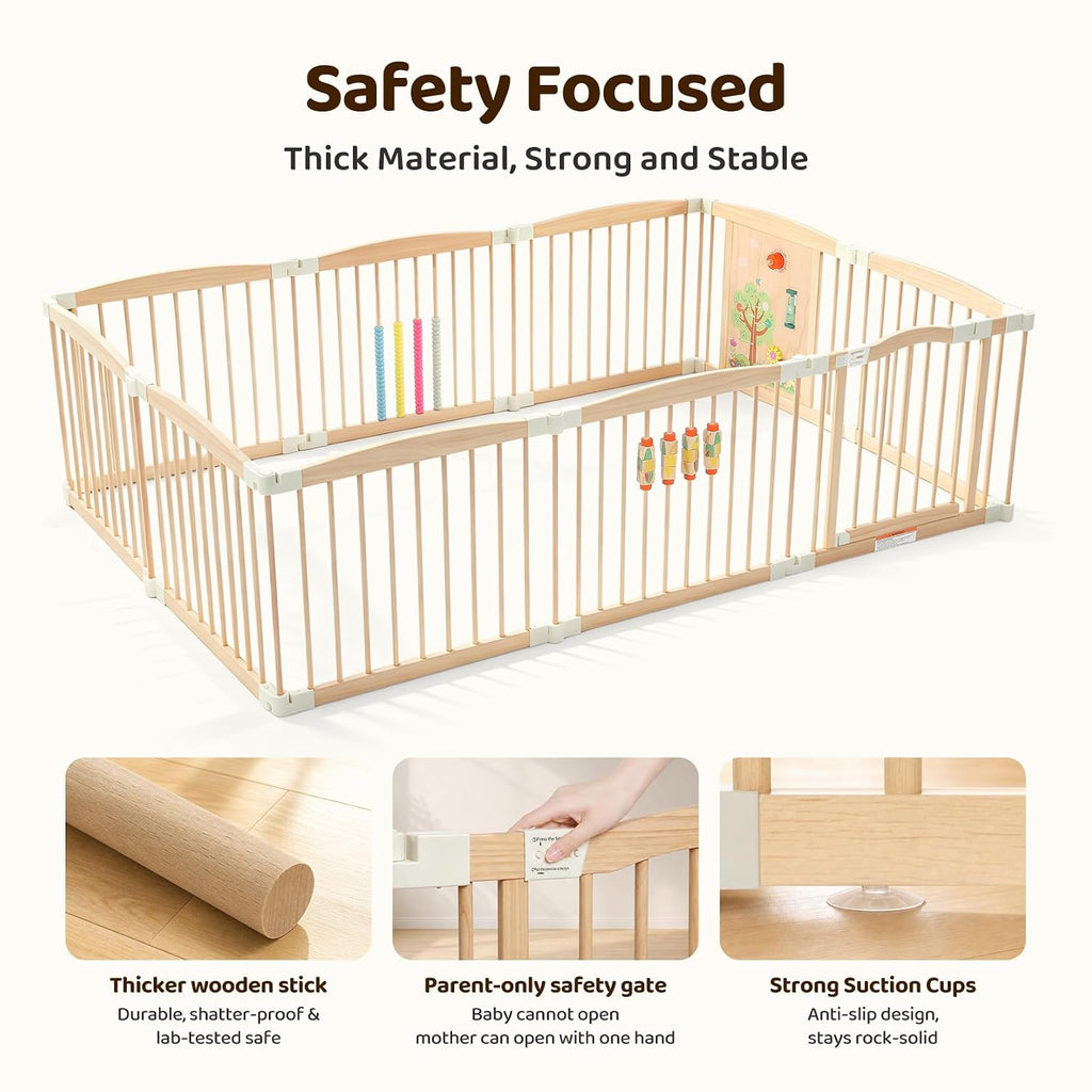 Wooden Baby Playpen, 60"×89"×25" 10-Panel Foldable Wood Play Yard with 3 Montessori Toys for Toddlers, Adjustable