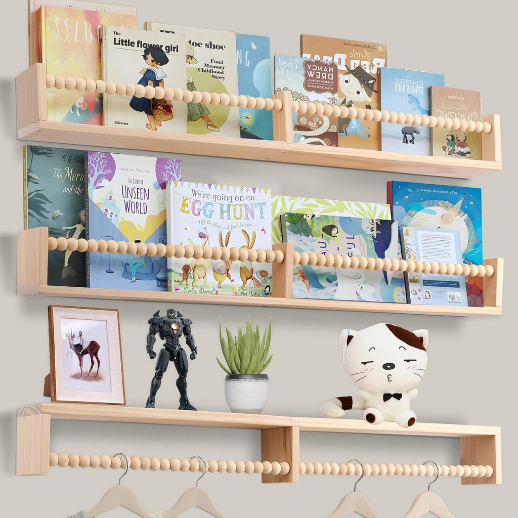 Nursery Shelves with Beads Design - 32 Inches Wall Book Shelves Set of 3, Space-Saving Nursery Book Shelves for Kids