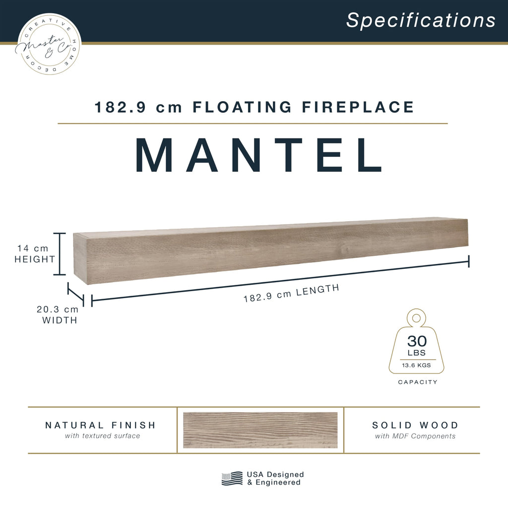 Master & Co Mantel, 72", Antique Natural, Floating Shelf