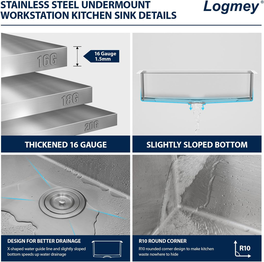 32x19 Undermount Kitchen Sink All in One Workstation 16 Gauge SUS304 Stainless Steel Single Bowl 9" Deep Handmade