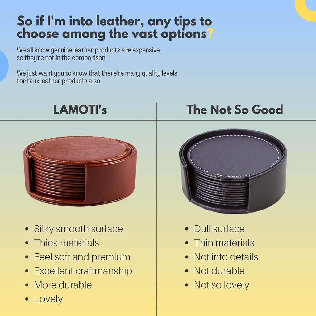Leather Coasters for Drinks, 4" Drink Coasters with Holder for Tabletop Protection, Handmade Luxurious Home - Set of 6