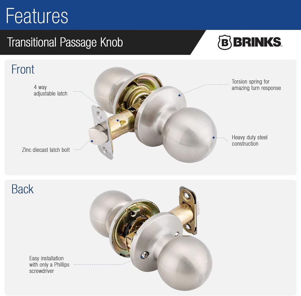 Door Knobs Interior, Non-Locking Transitional Ball Door Knobs, Satin Nickel for Traditional and Transitional Décor