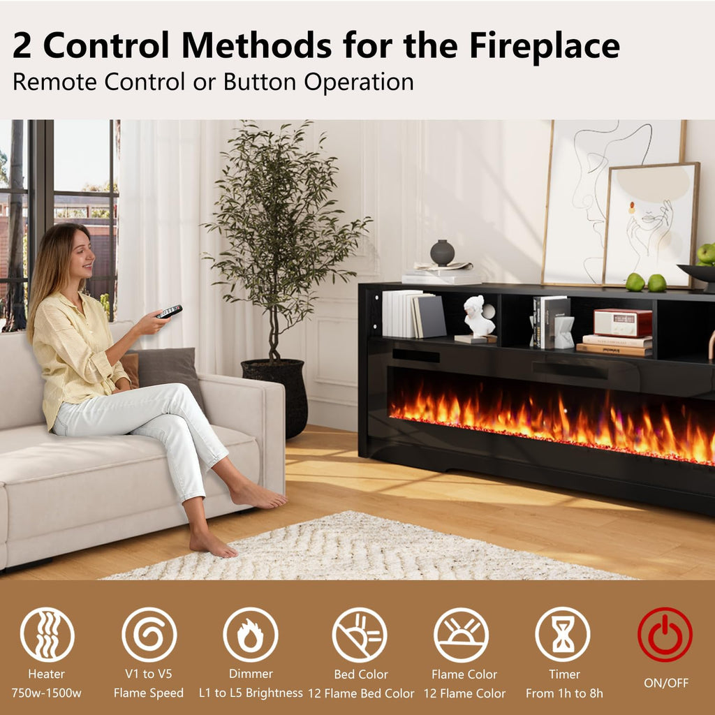 65" with 60" Electric Fireplace, Modern LED Entertainment Center for TVs Up to 75", Open Storage Media Console